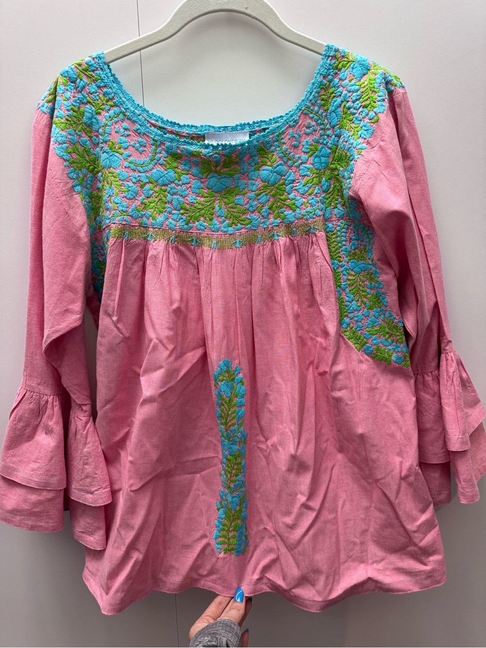 Mi Golondrina Pink Embroidered Tunic with Turquoise & Green Yoke